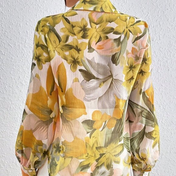 Yellow Boho Women's  Turn-Down Collar Button down floral blouse - Picture 2 of 6